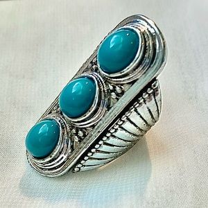 Turquoise Ring statement piece with three stones and silver setting